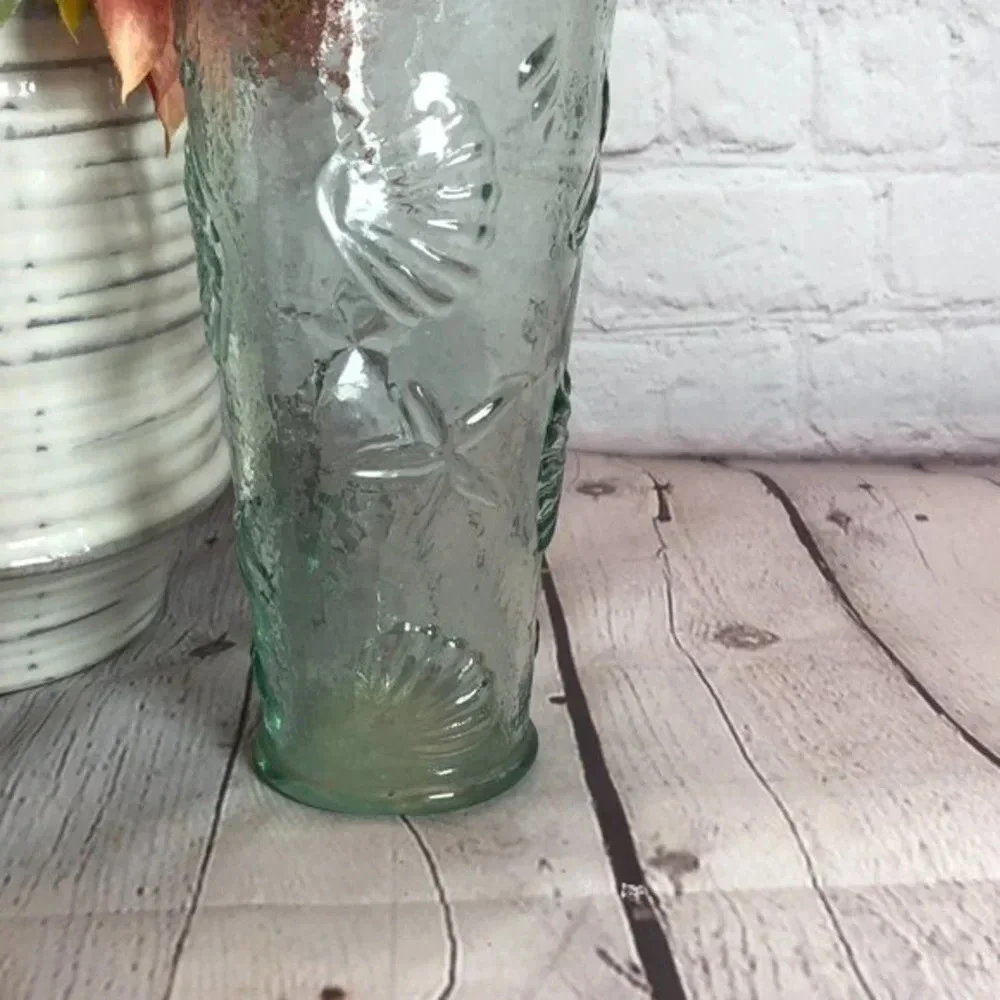 vintage glass vase with beach themed imprints